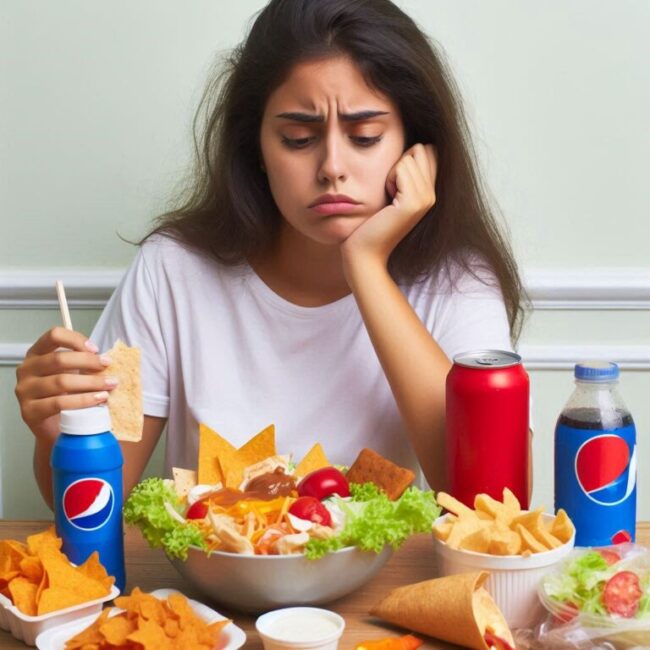 Middle-aged woman struggling with being addicted to ultra-processed foods.